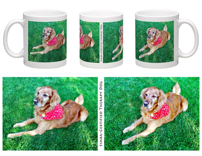 Layout and design for Coffee Mug featuring Simba, the Certified Therapy Dog. And pics of the finished product.